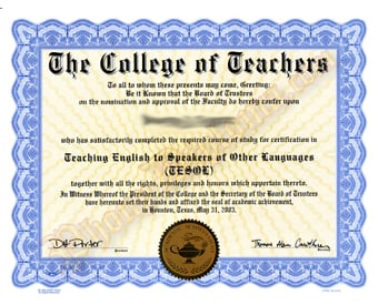 TESOL Fake Certtificate Sample With Excellence Seal